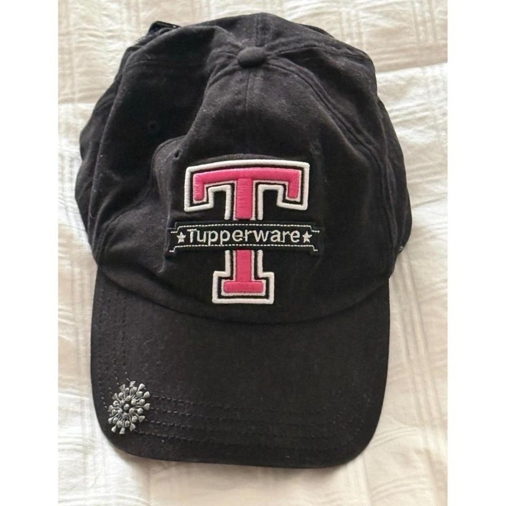 Vintage Tupperware Black Baseball Cap Hat Pink Logo Adjustable 100% Cotton Promo